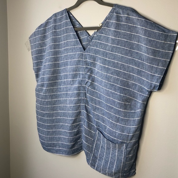 Garnet Hill 100% Linen V-Neck Boxy Tee Short Sleeve Cropped Striped Minimalist L - Picture 8 of 11